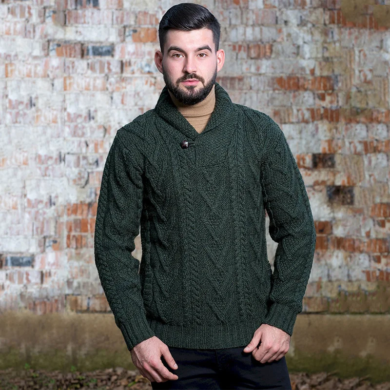 Men’s Merino Wool Shawl Collar Sweater – Single Button Irish Knit - Image 3 | CeltHaus