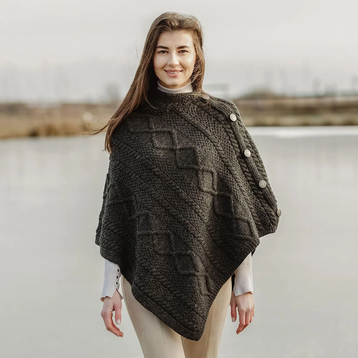 Merino Wool Cable Stitch Cowl Neck Poncho | Celtic Buttoned Irish Wrap - Image 4 | CeltHaus