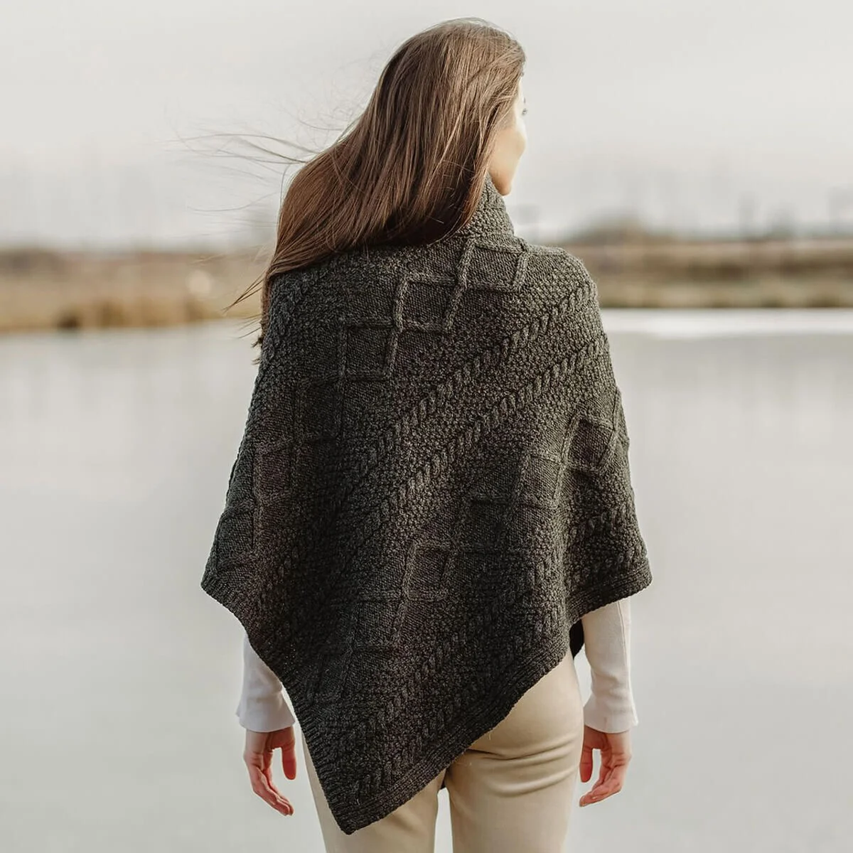 Merino Wool Cable Stitch Cowl Neck Poncho | Celtic Buttoned Irish Wrap - Image 5 | CeltHaus