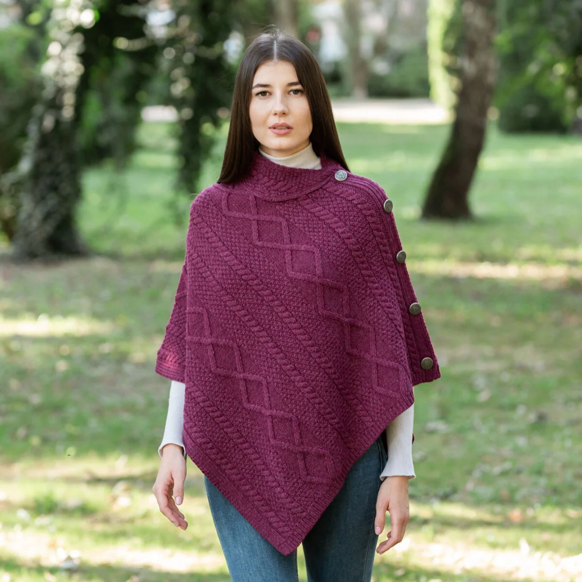 Merino Wool Cable Stitch Cowl Neck Poncho | Celtic Buttoned Irish Wrap - Image 10 | CeltHaus