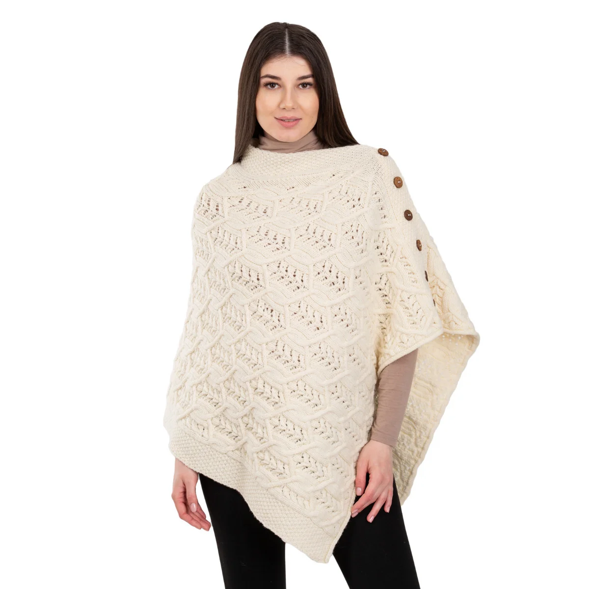 Merino Wool Ladies’ Poncho with Buttons – 100% Irish Merino Knit - Image 2 | CeltHaus