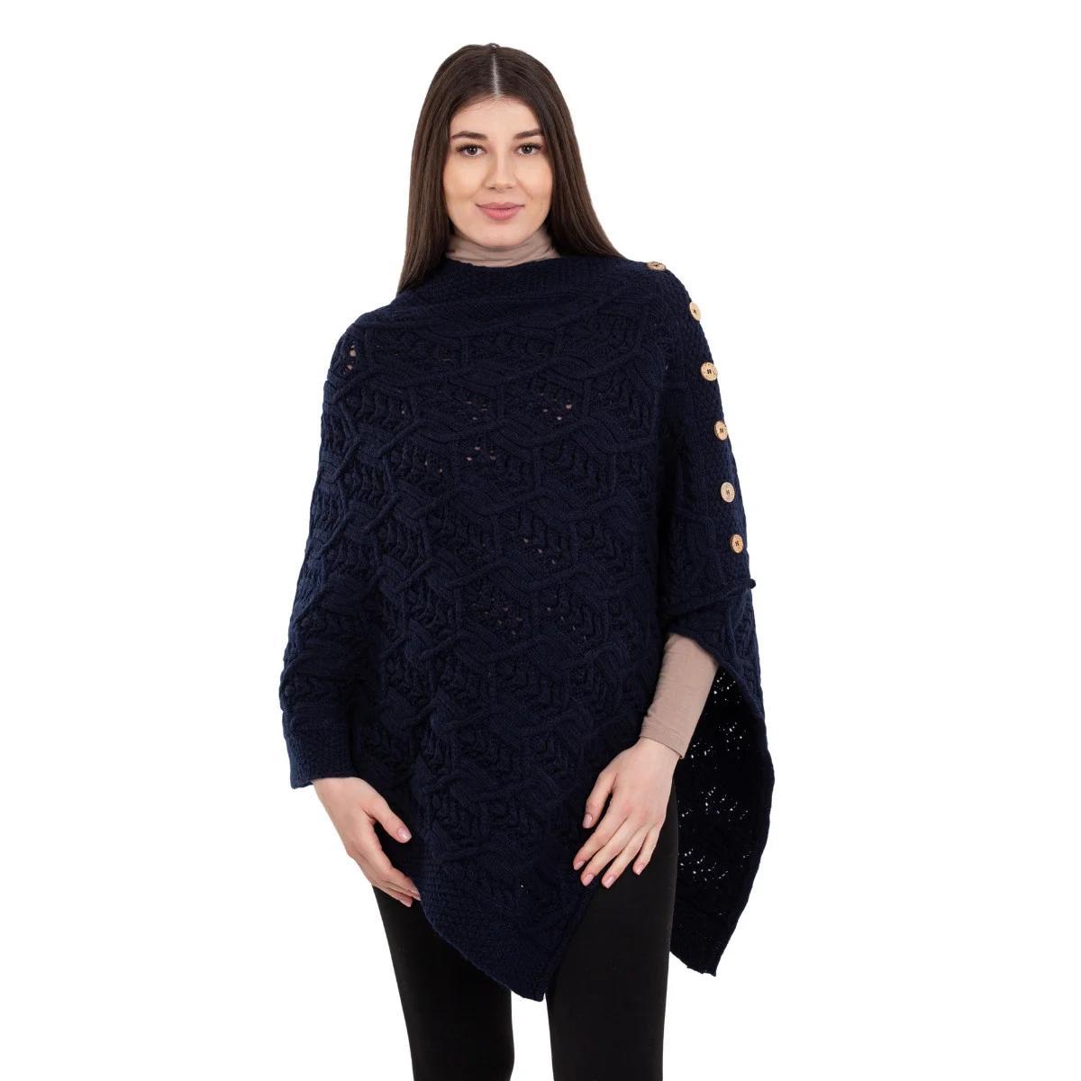 Merino Wool Ladies’ Poncho with Buttons – 100% Irish Merino Knit - Image 3 | CeltHaus