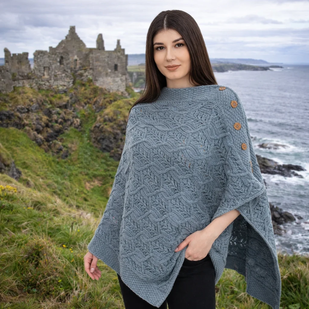 Merino Wool Ladies’ Poncho with Buttons – 100% Irish Merino Knit - Knitwear | CeltHaus