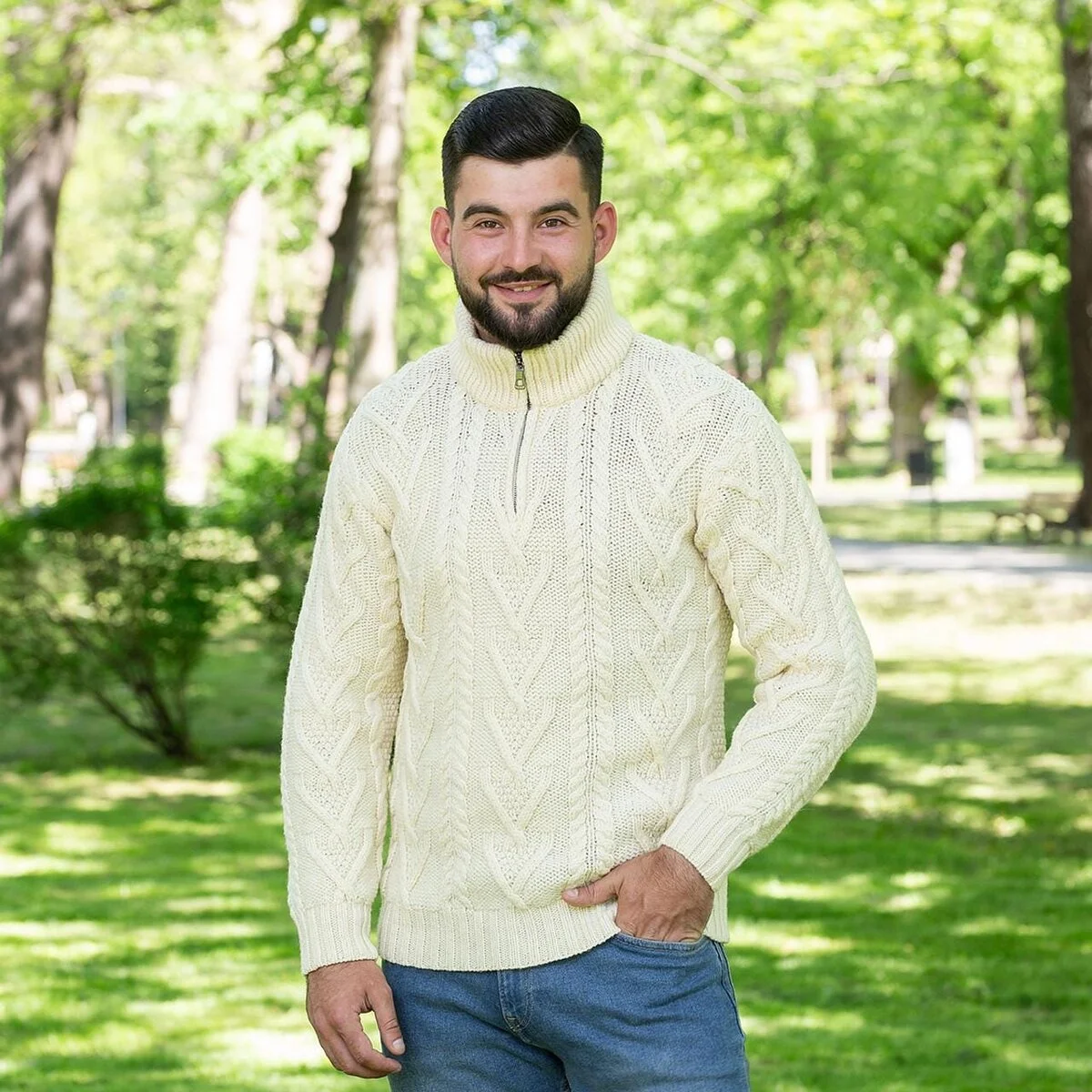 Merino Wool Aran Knit Men's Zip Sweater - Image 5 | CeltHaus