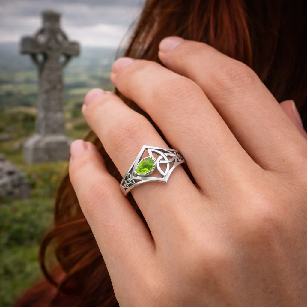 Peridot Gemstone Trinity Knot Engraved Silver Ring – Celtic Symbol Jewelry - Image 2 | CeltHaus