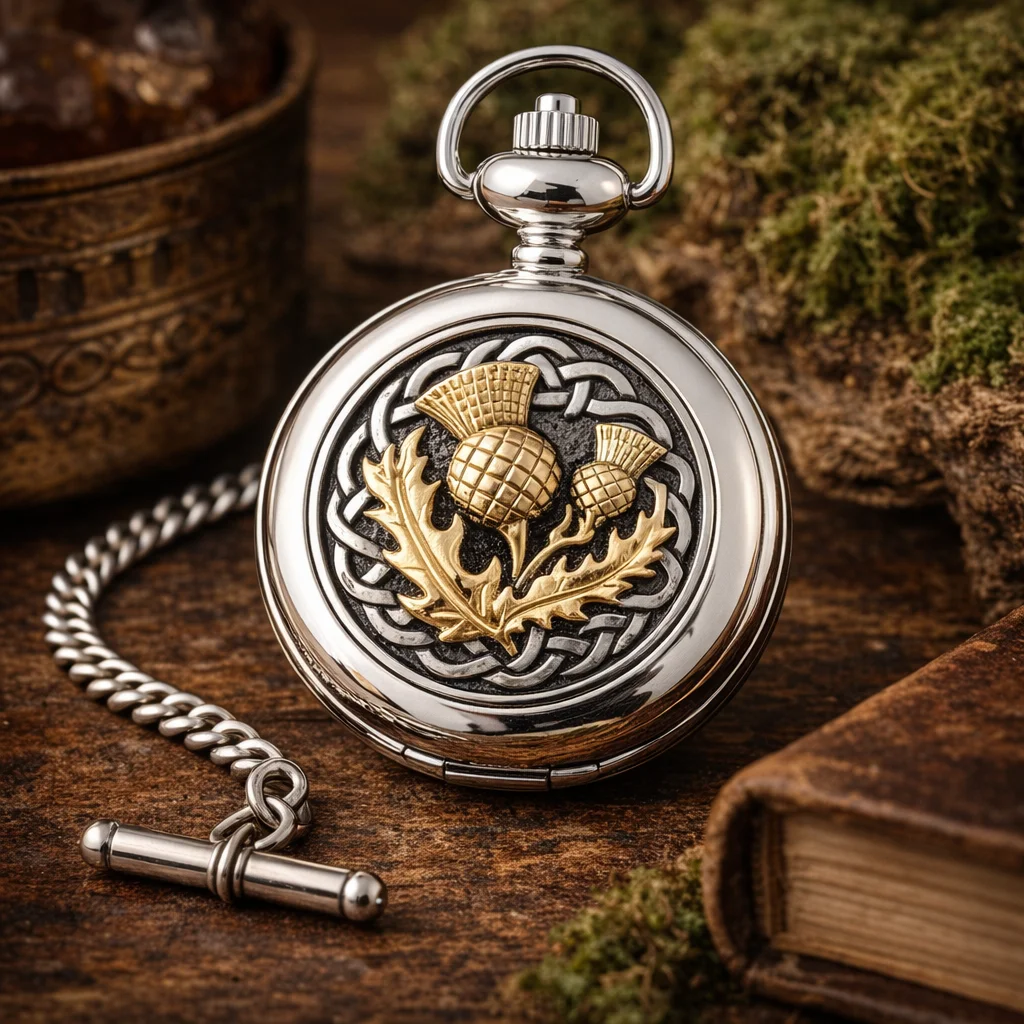 Pewter Thistle Quartz Pocket Watch – Celtic Scottish Heritage Timepiece | CeltHaus