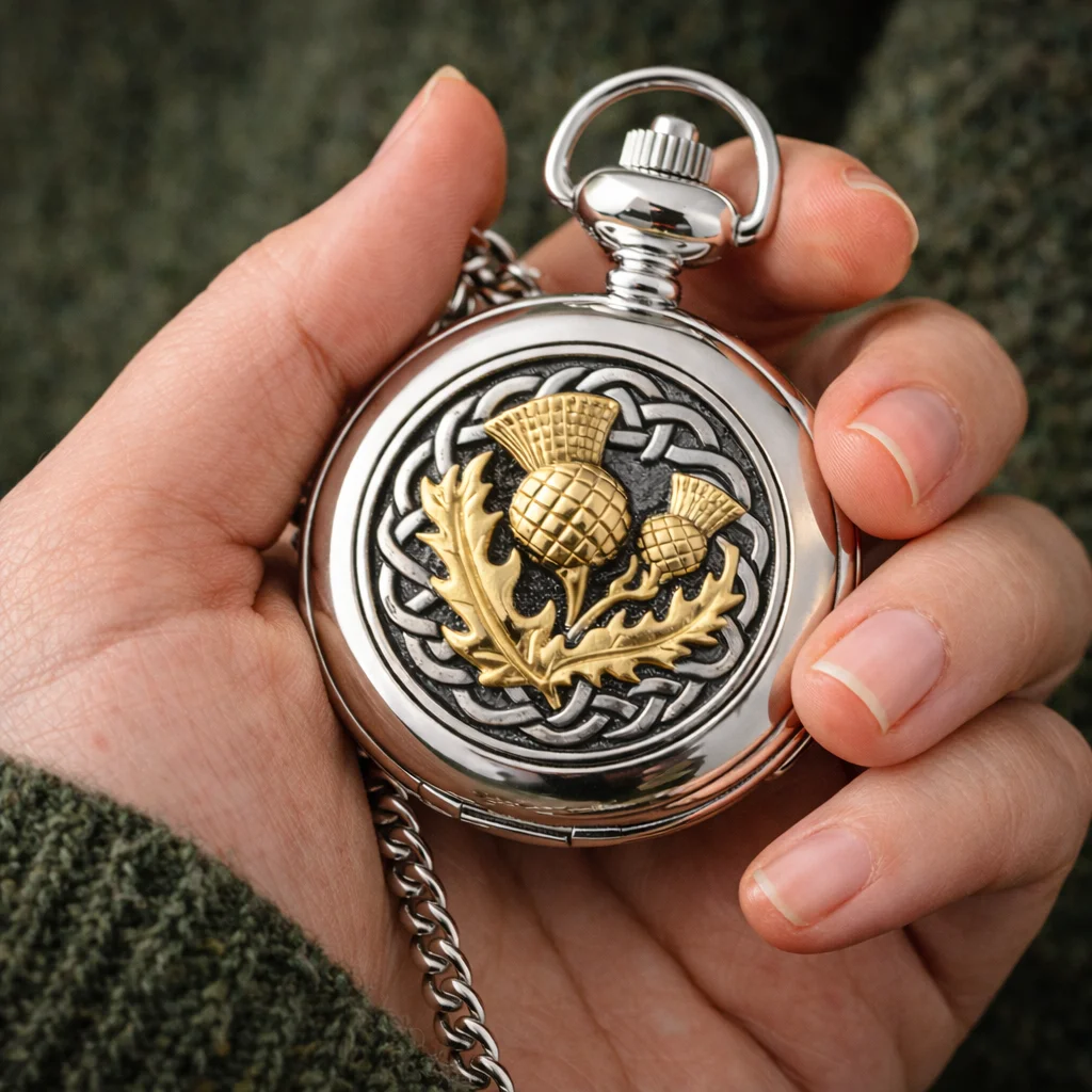 Pewter Thistle Quartz Pocket Watch – Celtic Scottish Heritage Timepiece - Image 2 | CeltHaus