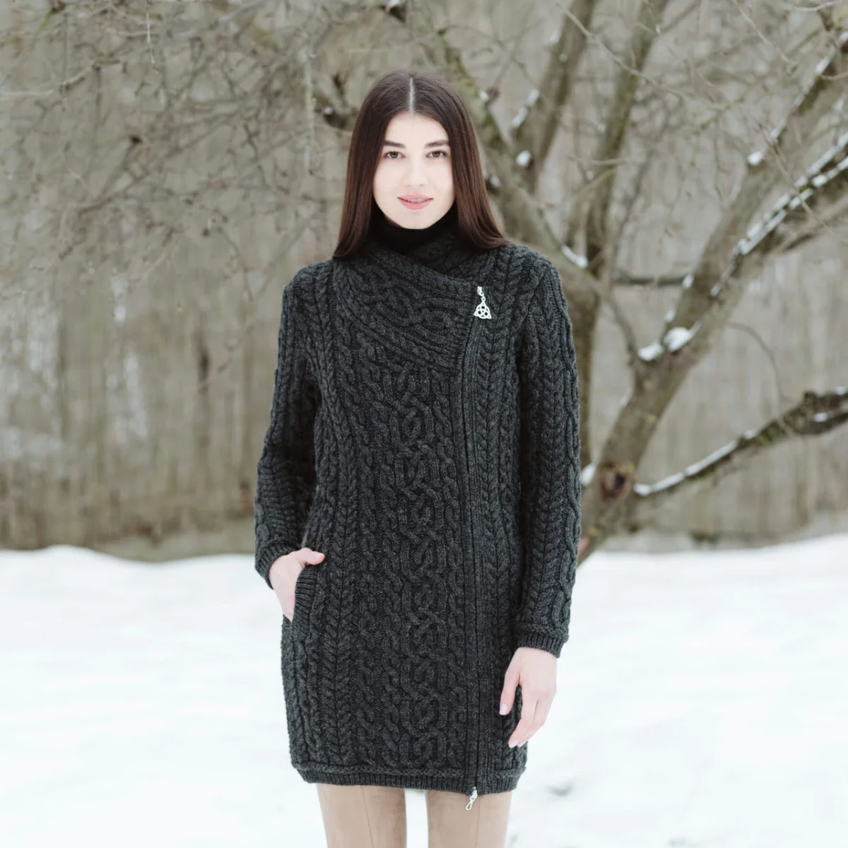 SAOL Cable Knit Side Zip Long Cardigan – 100% Merino Wool Irish Knitwear | CeltHaus