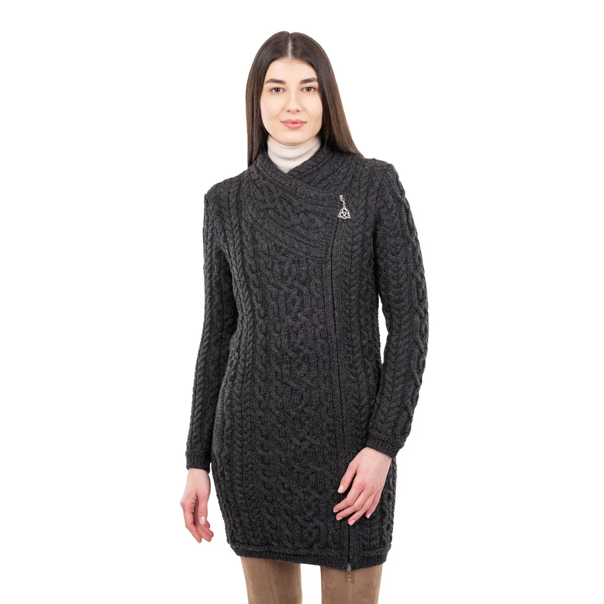 SAOL Cable Knit Side Zip Long Cardigan – 100% Merino Wool Irish Knitwear - Image 6 | CeltHaus