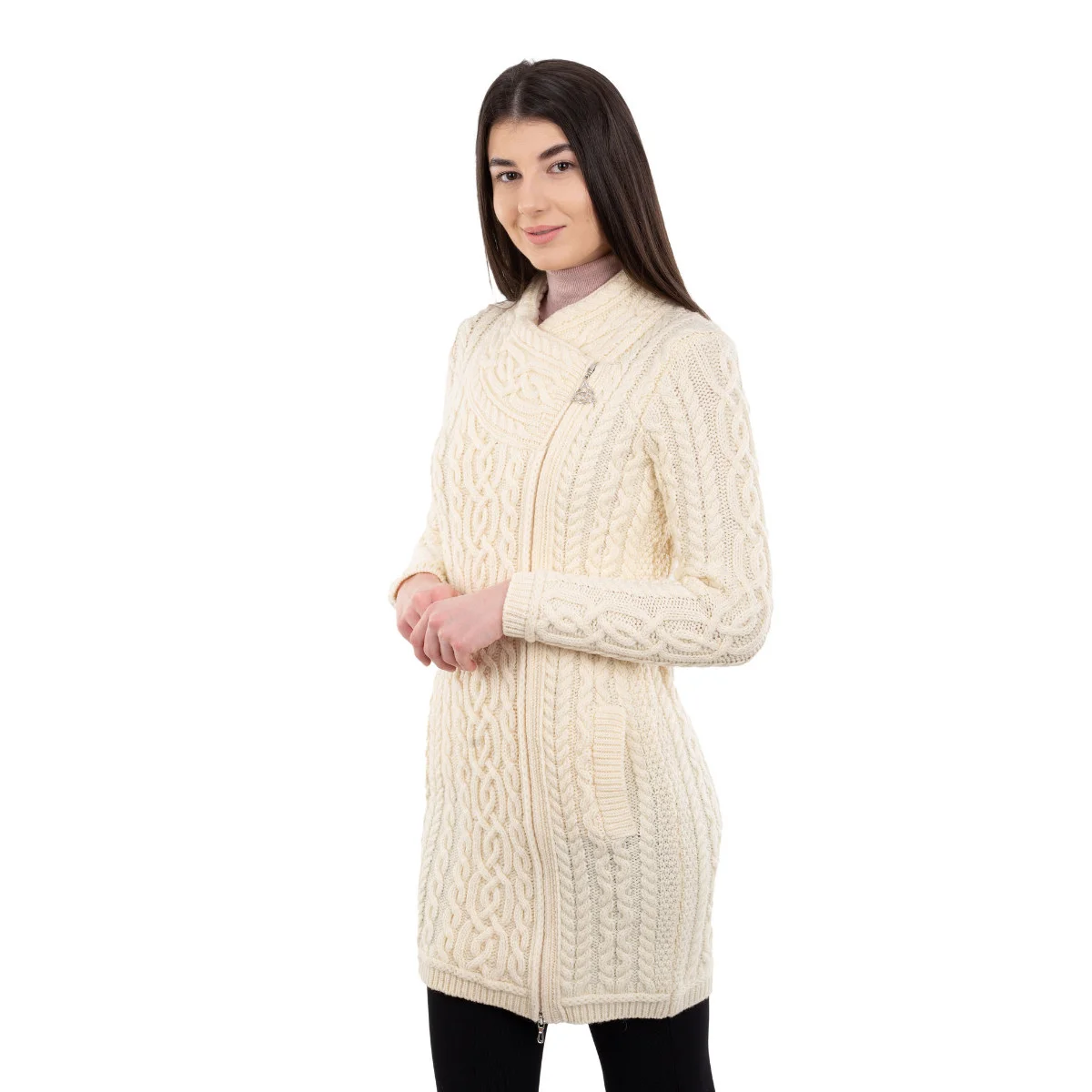 SAOL Cable Knit Side Zip Long Cardigan – 100% Merino Wool Irish Knitwear - Image 13 | CeltHaus