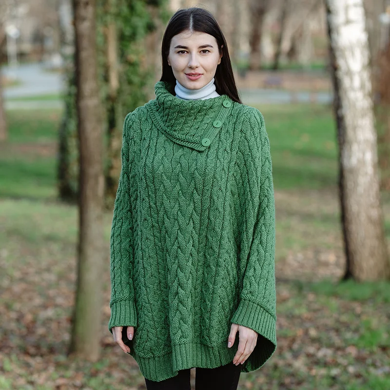 SAOL Women’s Cowl Neck Button Poncho – 100% Pure Merino Wool - Image 3 | CeltHaus