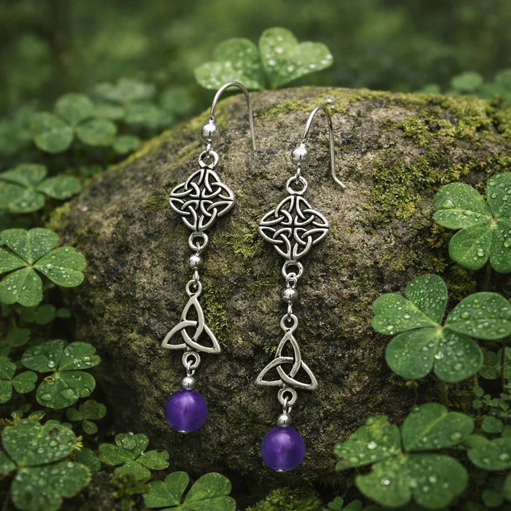 Silver Celtic Knot Drop Earrings with Amethyst Bead – Heritage Jewelry | CeltHaus
