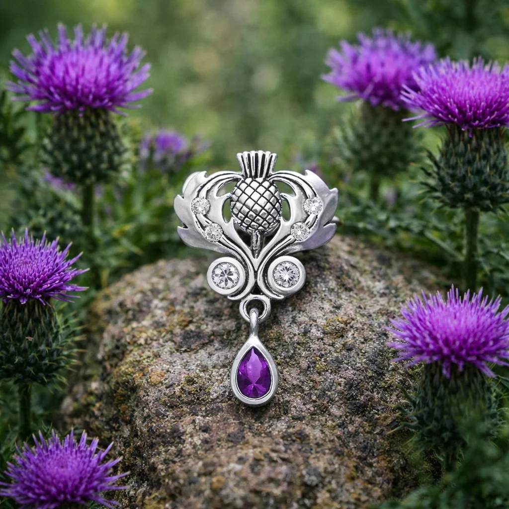 Silver Scottish Thistle Pendant with Amethyst – Sterling Scottish Jewelry - Featured Product | CeltHaus